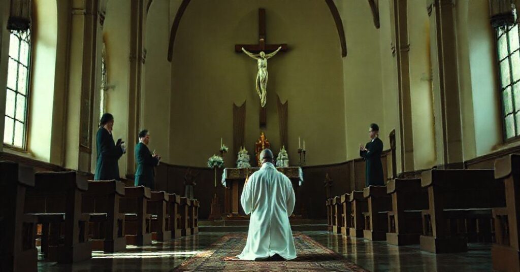 Wnętrze tradycyjnego kościoła katolickiego z krzyżem w centrum i modlącym się kapłanem na pierwszym planie. W tle politycy debatujące symbolizują odrzucenie królestwa Chrystusa.