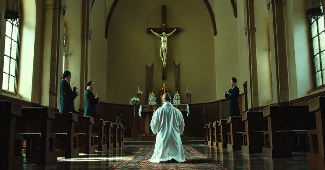 Wnętrze tradycyjnego kościoła katolickiego z krzyżem w centrum i modlącym się kapłanem na pierwszym planie. W tle politycy debatujące symbolizują odrzucenie królestwa Chrystusa.