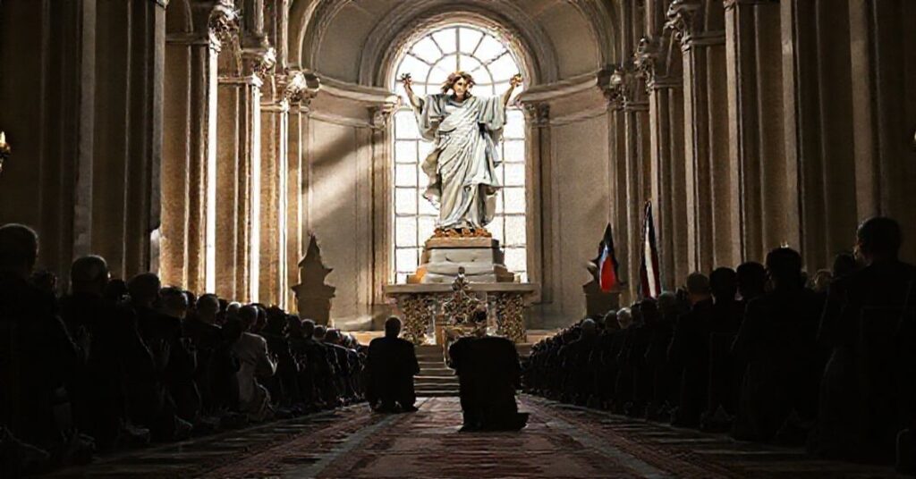 Wnętrze katedry z rzeźbą Chrystusa Króla i modlących się wiernych, na tle polityków ignorujących Boga