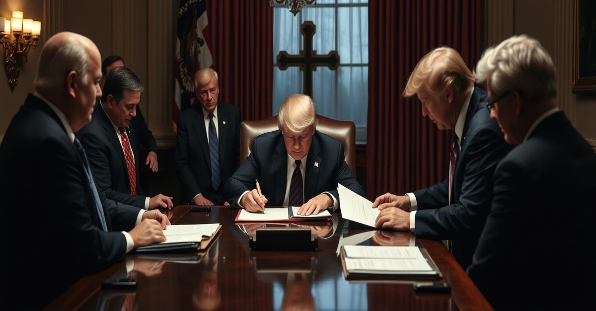 Prezydent Donald Trump podpisuje dokumenty w Białym Domu, co symbolizuje politykę bez odniesienia do królestwa Chrystusa.