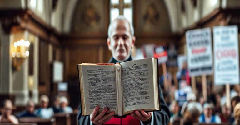 Katolicki ksiądz trzymający Biblię z tekstem Quas Primas na tle zlewniętej manifestacji politycznej PiS.