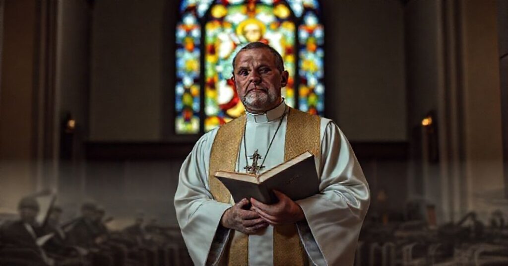 Ksiądz w tradycyjnych szatach liturgicznych trzyma brewiarz w kościele z witrażem przedstawiającym Chrystusa Króla.