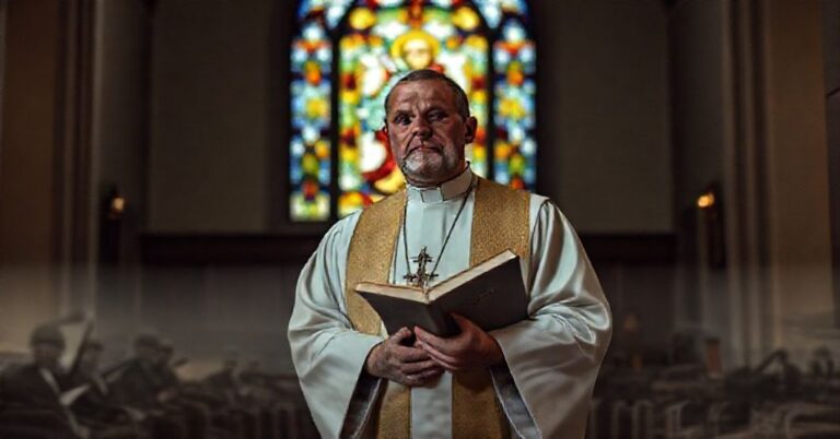 Ksiądz w tradycyjnych szatach liturgicznych trzyma brewiarz w kościele z witrażem przedstawiającym Chrystusa Króla.