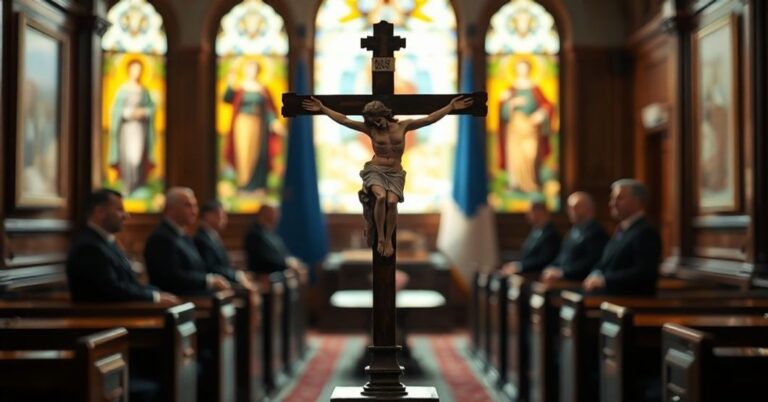 Tradycyjny obraz kościoła katolickiego z krzyżem na pierwszym planie i politykami Tuskem, Zełenskim i Szłapką w tle. Kontrast między sakralnym a świeckim.