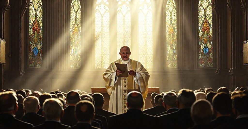Biskup w pełnym stroju liturgicznym kazań w tradycyjnym kościele katolickim z naświetlonym światłem przez witraże