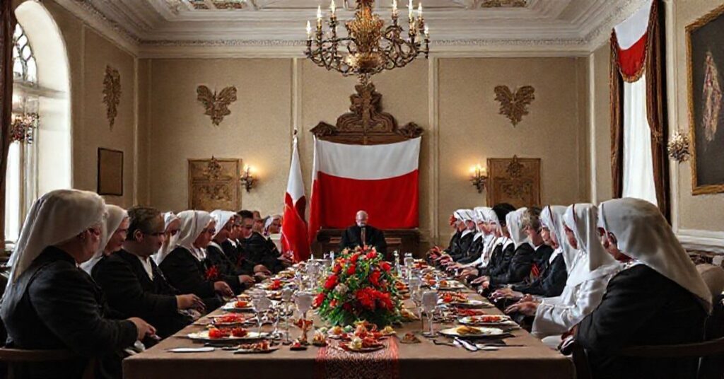 Grupa osób podczas uroczystości poświęconych Narodowemu Dniowi Niepodległości Polski w Rzymie, w domu generalnym Zgromadzenia Sióstr Najświętszej Rodziny z Nazaretu. Na zdjęciu widoczni są przedstawiciele Korpusu Dyplomatycznego i Polski przy Watykanie, w tym pan Krzysztof Nykiel i pan Roman Pindel.