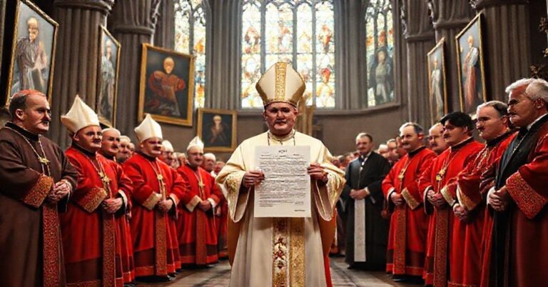 Polscy biskupi w tradycyjnych szatach liturgicznych podczas konferencji w katedrze, trzymający list do niemieckich hierarchów z 1965 roku.