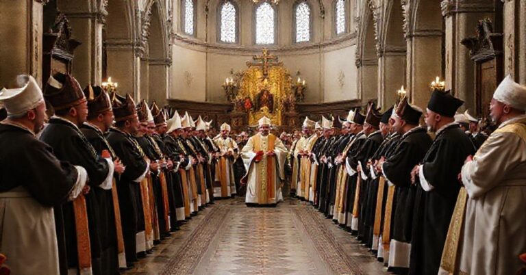 Grupa biskupów w tradycyjnych szatach liturgicznych na Zbraniu Plenarnym na Jasnej Górze, dyskutujących nad kontrowersyjnym listem pasterskim o rodzinie.