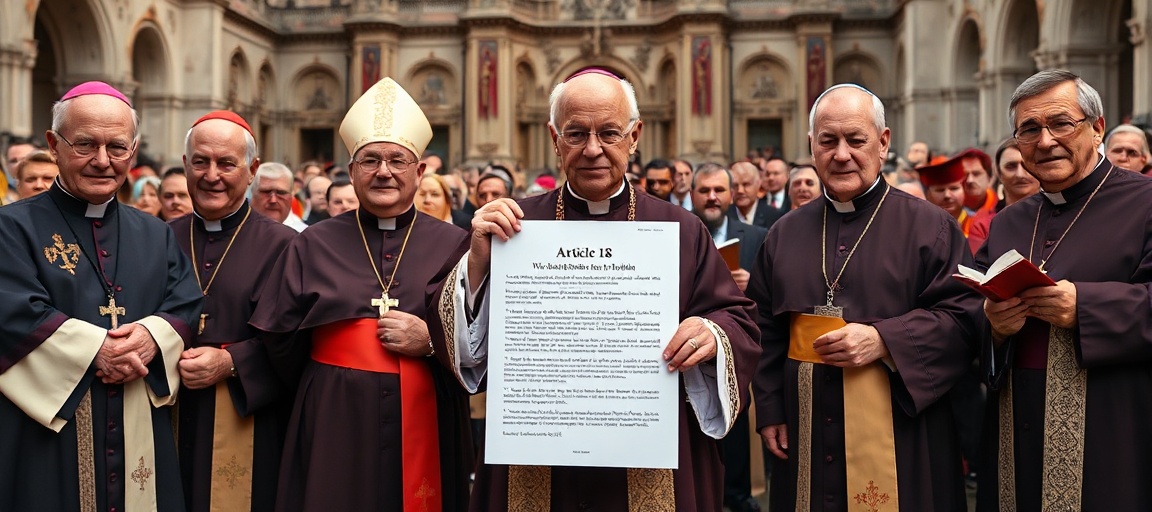 Polscy biskupi bronią małżeństwa - obrona bez głębi teologicznej Grupa polskich biskupów w ceremonialnych szatach stoi przed katedrą, trzymając dokument z artykułem 18 Konstytucji RP. W tle wierni modlący się z różańcami.