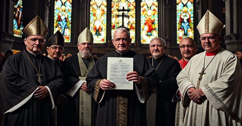 Zdjęcie przedstawia grupę polskich biskupów w tradycyjnych szatach liturgicznych w przestronnym koście gotyckim. Scena podkreśla powagę teologicznej i narodowej zdradzieckiej listu z 1965 roku.