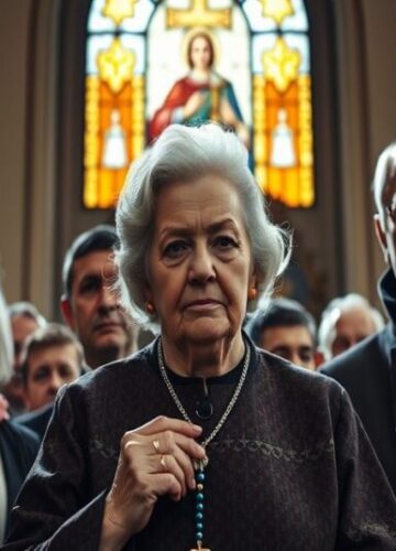 Polscy bohaterowie ratujący Żydów - duchowe źródło ich odwagi Grupa polskich katolików, w tym prezydent Karol Nawrocki, stojących przed historycznym kościołem podczas uroczystości ku czci bohaterów ratujących Żydów. Scena jest oświetlona delikatnym światłem witraży.