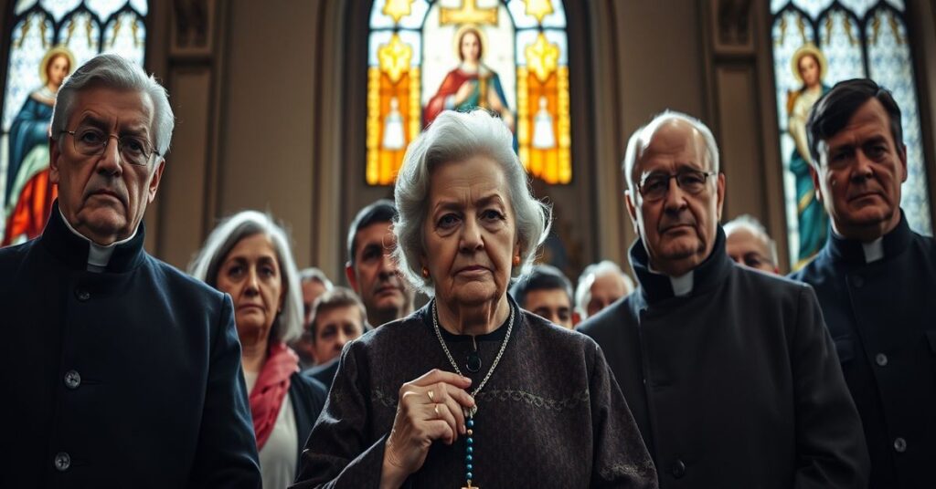 Grupa polskich katolików, w tym prezydent Karol Nawrocki, stojących przed historycznym kościołem podczas uroczystości ku czci bohaterów ratujących Żydów. Scena jest oświetlona delikatnym światłem witraży.