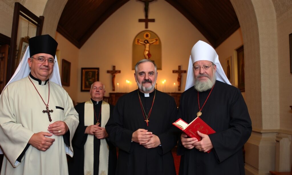 Polscy kapłani ks. Stanisław Mrzygłód, ks. Zenon Szczenchar i o. Waldemar Kujawa stoją przed kościołem w Białorusi