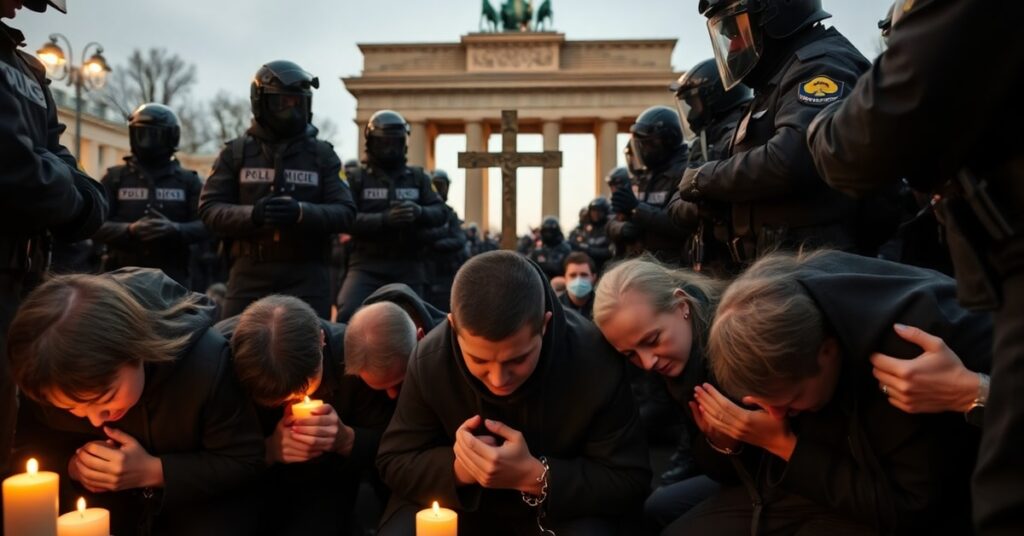 Polscy katolicy w modlitwie przed krzyżem w Berlinie podczas brutalnej interwencji niemieckiej policji przeciwko manifestantom pod przewodnictwem Roberta Bąkiewicza