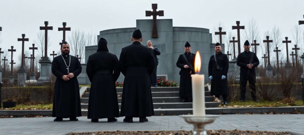 Grupa polskich katolików w tradycyjnych strojach stoi przed pomnikiem wojennym, obserwując odległą jednostkę wojskową zatytułowaną 'Bohaterowie UPA'. Scena jest poważna i pełna szacunku.