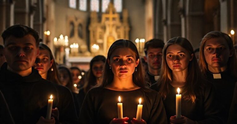 Grupa polskich katolików w paryskiej katedrze, symbolizujących konflikt między tradycją a nowoczesnym ekumenizmem
