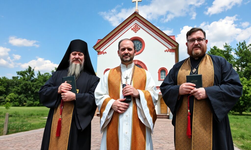 Trzej polscy księża stoją przed tradycyjnym kościołem katolickim w Brasławiu na Białorusi.