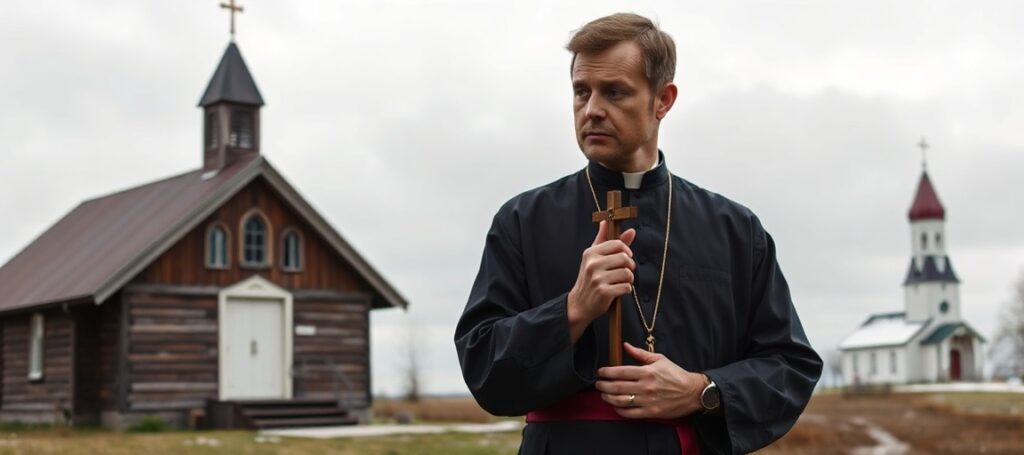 Ksiądz w tradycyjnym habitacie stoi przed drewnianym kościołem w Estonii lub Finlandii, trzymając krzyż i patrzący z troską w kierunku luteranów. Scena podkreśla walkę między prawdziwą wiarą katolicką a herezją.