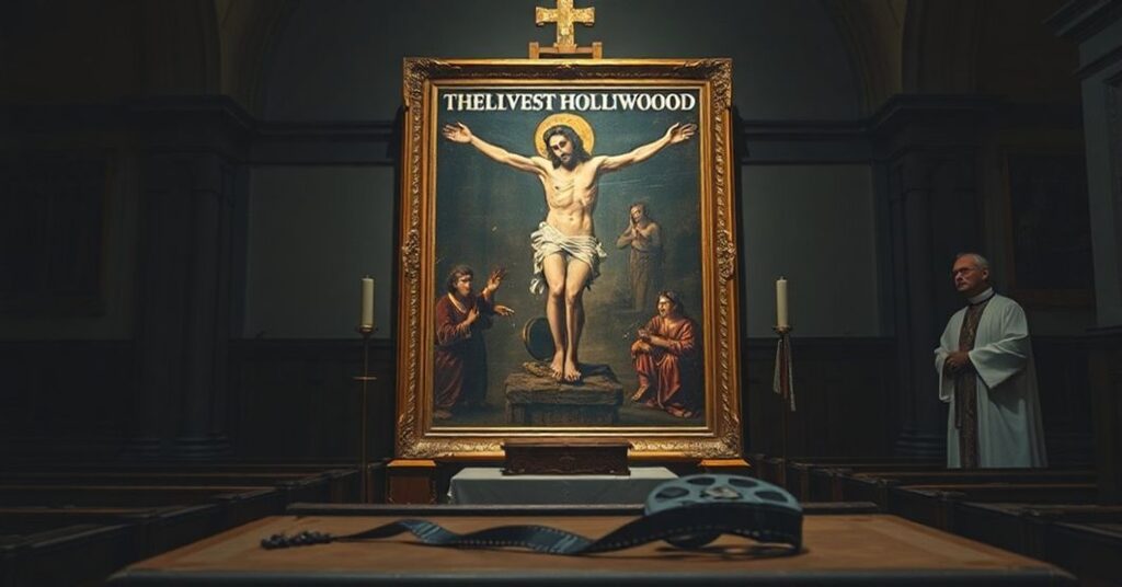 Wnętrze katolickiego kościoła z祭祀 obrazu Chrystusa na krzyżu przykryty przez hollywoodzką afiszę filmową. Kapłan trzymający różaniec stoi w tle.