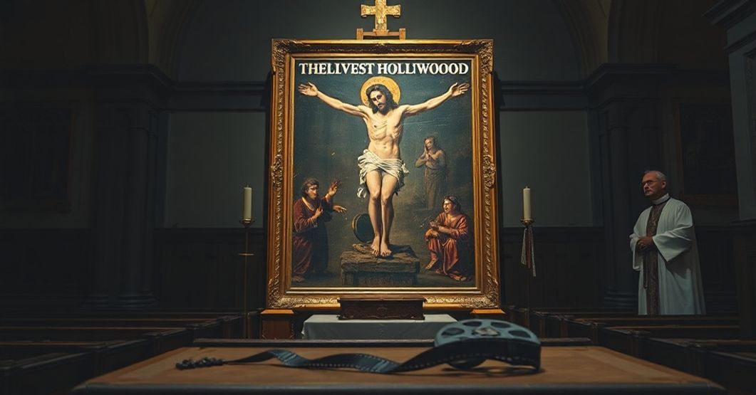 Wnętrze katolickiego kościoła z祭祀 obrazu Chrystusa na krzyżu przykryty przez hollywoodzką afiszę filmową. Kapłan trzymający różaniec stoi w tle.