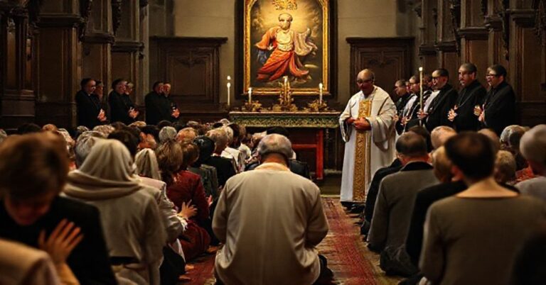 Grupa polskich pielgrzymów modli się w tradycyjnym kościele podczas Adwentu podczas obrzędów prowadzonych przez uzurpatora