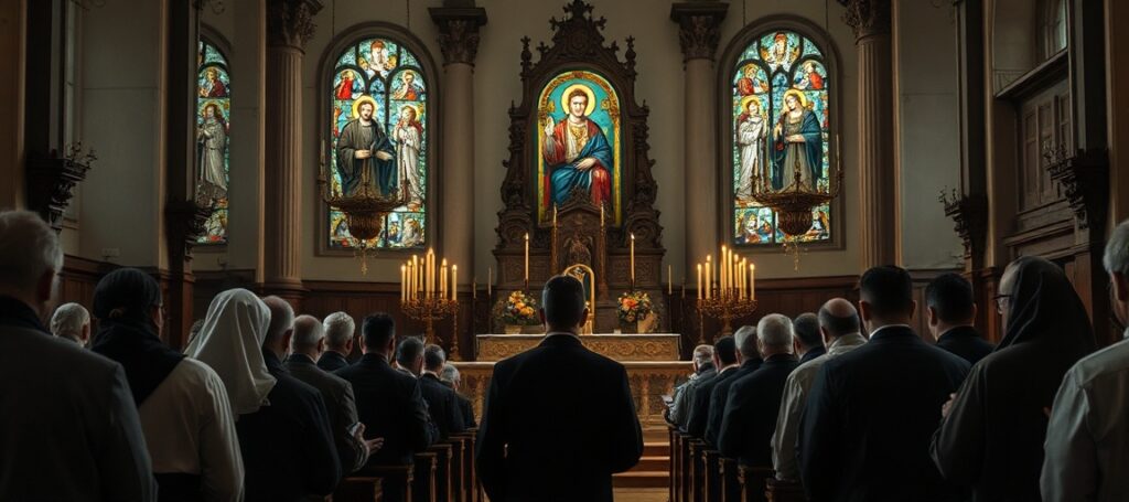 Grupa polskich pielgrzymów w tradycyjnym kościele katolickim modli się przy ołtarzu w atmosferze głębokiej pobożności i refleksji nad hipokryzją uzurpatora Leon XIV