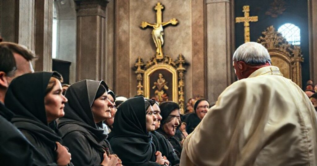 Grupa polskich pielgrzymów słuchających fałszywego "Papieża Leona XIV" podczas audiencji jubileuszowej w tradycyjnym katolickim wnętrzu.