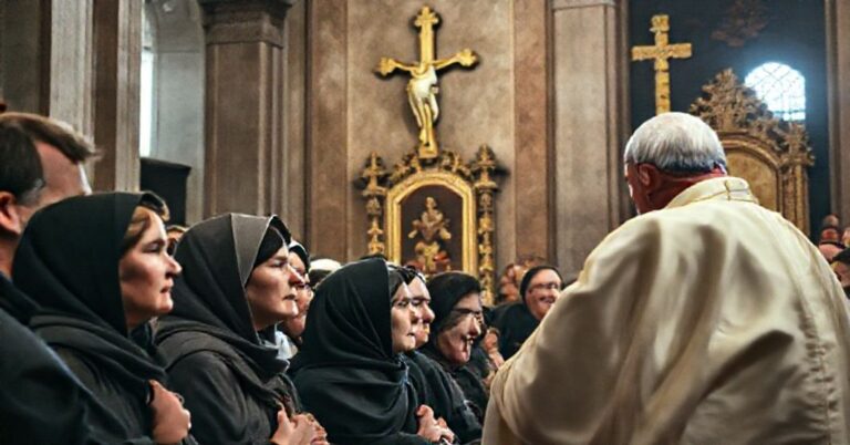 Grupa polskich pielgrzymów słuchających fałszywego "Papieża Leona XIV" podczas audiencji jubileuszowej w tradycyjnym katolickim wnętrzu.