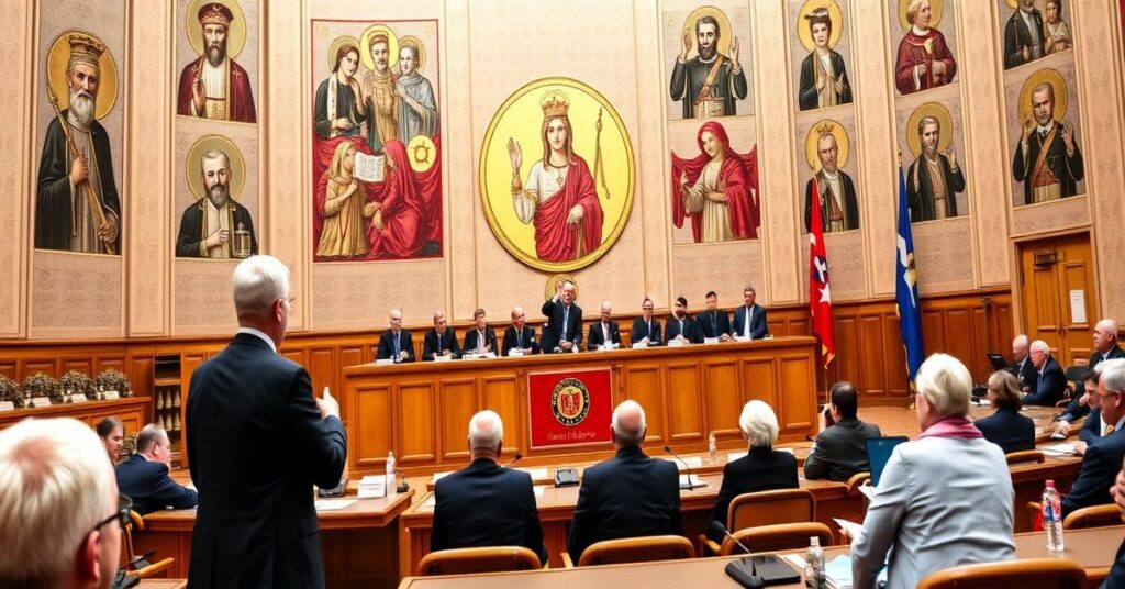 Zebranie polityków z PiS w Sejmie dyskutujących projekt ustawy o zerowej stawce VAT na żywność, na tle ikony Chrystusa Króla.