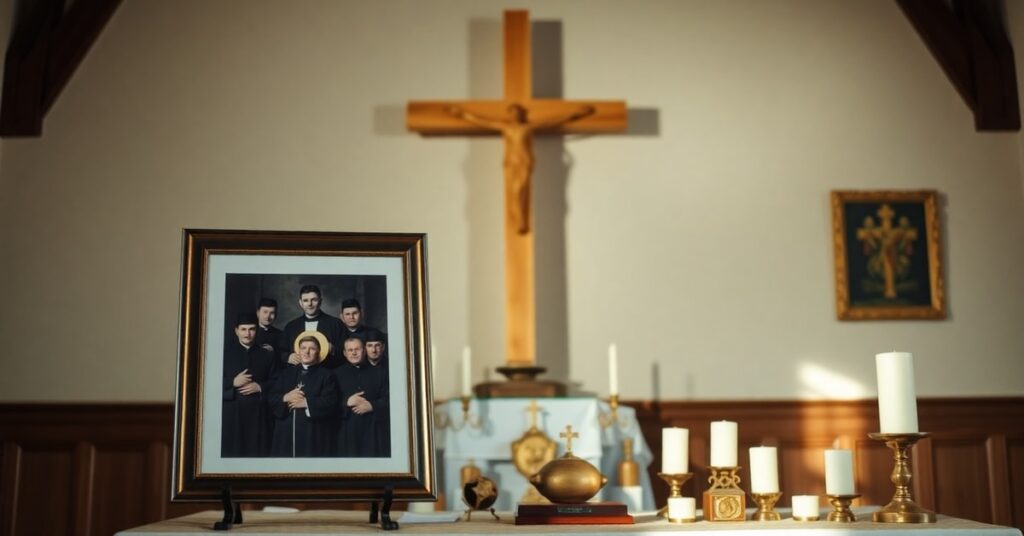 Obraz przedstawiający tradycyjną kaplicę katolicką z fotografią polskich salezjanów: Jana Świerca i jego ośmiu towarzyszy, umieszczoną na ołtarzu ze świecami i przedmiotami religijnymi. Scena przekazuje powagę ich męczeństwa w atmosferze duchownej refleksji.