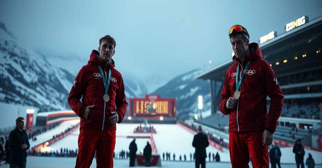 Polscy skoczkowie narciarzy Kacper Tomasiak i Paweł Wąsek na podium olimpijskim w Cortina d'Ampezzo, symbolizujący pustkę zwycięstwa bez Chrystusa.