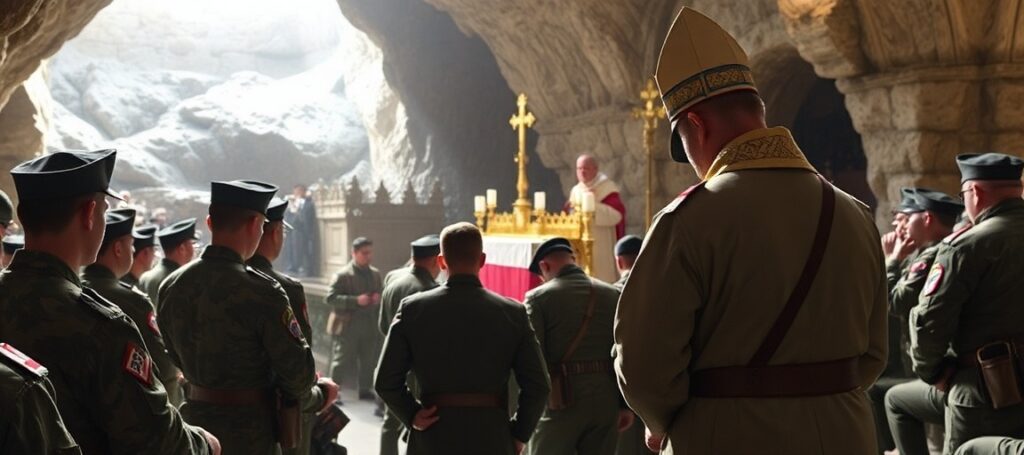 Grupa polskich żołnierzy w mundurach modli się w Grotcie Massabielskiej w Lourdes podczas mszy św. przewodniczonej przez biskupa w tradycyjnych szatach liturgicznych. Scena jest pełna pokory i wiary.