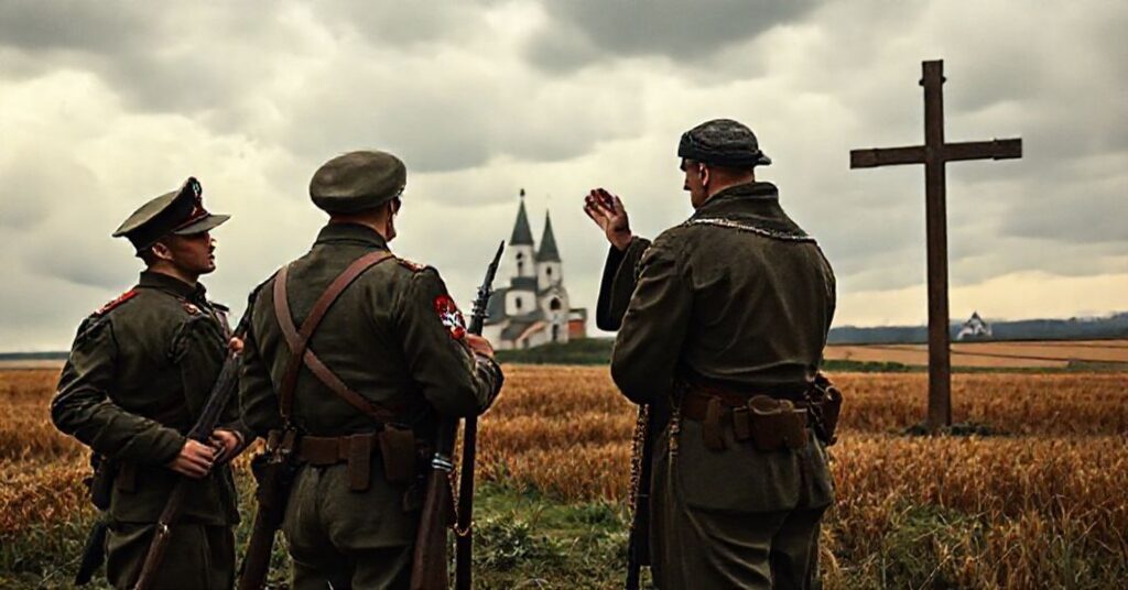 Polscy żołnierze z 1918 roku modlący się przed krzyżem na polu bitewnym pod burzowym niebem.