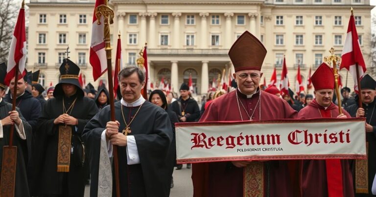 Uroczysty katolicki procesji w Warszawie przed Pałacem Prezydenckim z napisami 'Regnum Christi' i 'Polska pod Koroną Chrystusa'