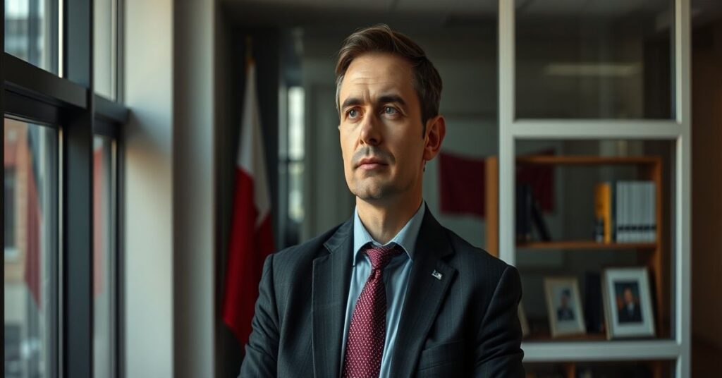 Portret Marcina Dumy w biurze z flagą polską na tle, symbolizujący sekularyzację i zapomnienie o królestwie Bożym w Polsce.