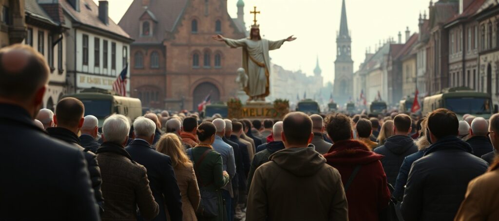 Procesja katolicka w Polsce z modlącymi się wiernymi przed rzeźbą Chrystusa Króla, na tle średniowiecznej architektury i amerykańskich pojazdów wojskowych w tle.