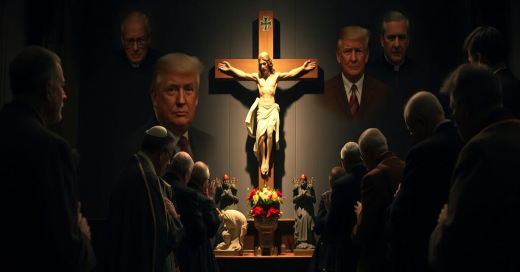 Grupa katolików modląca się przed krzyżem w kaplicy, podkreślająca konieczność uznania Chrystusa Króla nad Polską.