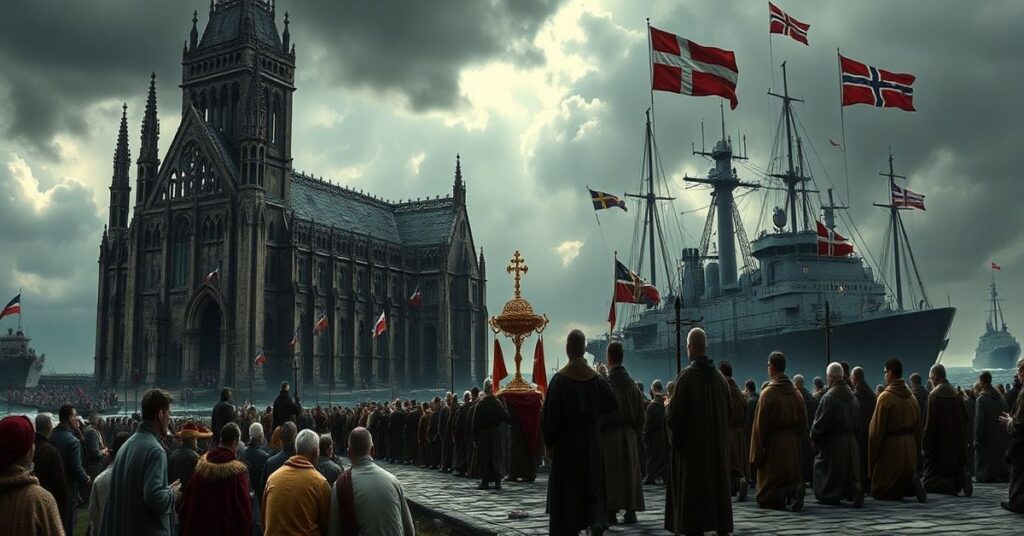 Tradycyjni katolicy modlący się przed ruinami gotyckiego kościoła z tłem na tłu przy nowoczesnej bazie morskiej z okrętami krajów nordyckich.