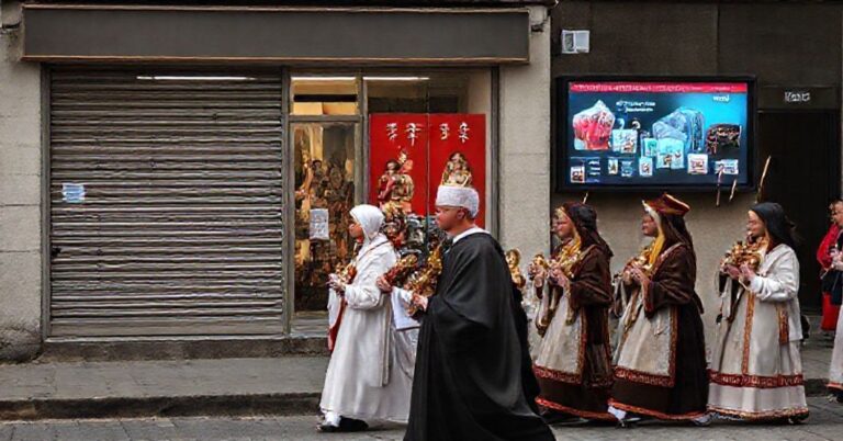 Procesja katolicka w małym polskim mieście z tradycyjnymi symbolami religijnymi obok zamkniętego sklepu z chińskimi banerami e-commerce w tle
