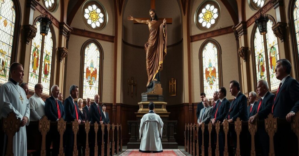 Wnętrze kościoła katolickiego z kapłanem modlącego się przed rzeźbą Chrystusa Króla w obecności polityków polskich, symbolizujące kryzys duchowy narodu podzielonego między pokój a wojną bez Bożego przewodnictwa.