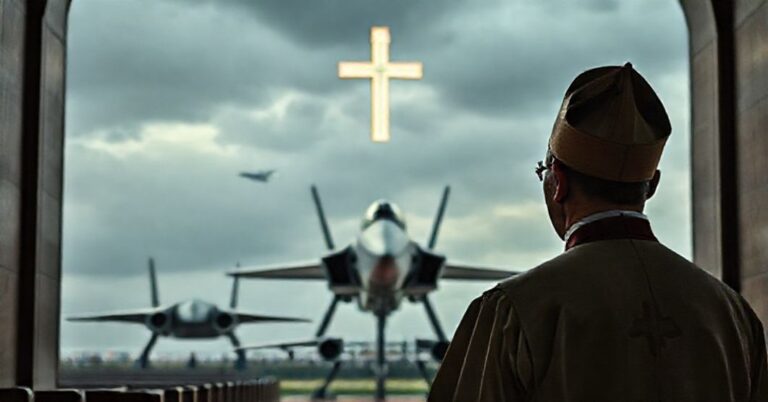 Ksiądz katolicki w tradycyjnych szatach patrzy smutno na wystawę broni wojskowej, symbolizując duchową kryzys Polski