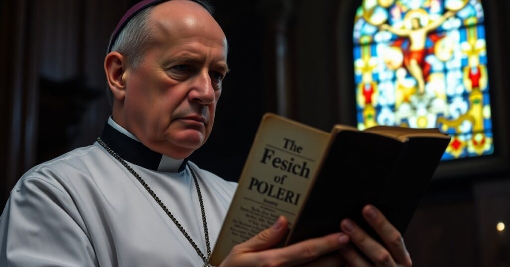 Ksiądz w tradycyjnym stroju kościelnym trzyma stary tom literatury polskiej w ciemnym kościele z witrażem przedstawiającym ukrzyżowanie.