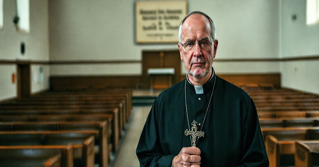 Tradycyjny ksiądz w ornacie stoi przed zamkniętym, pustym kościołem niemieckim, trzymając krucyfiks. Jego smutny wyraz kontrastuje z nowoczesną tablicą z imionami Józefa Ratzingera i Edyty Stein. Wnętrze kościoła jest pustym, nowoczesnym przestrzennie, symbolizującym duchową pustkę i teologiczne kompromisy.