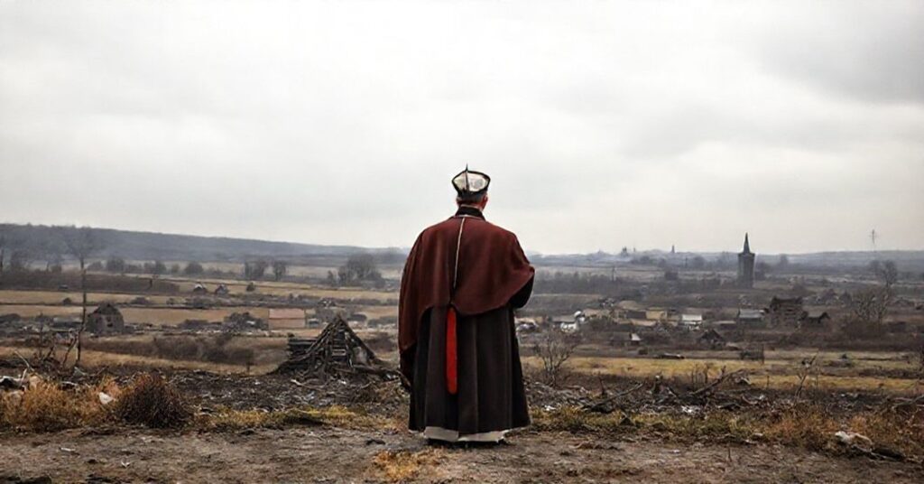 Zdjęcie przedstawiające tradycyjnego biskupa katolickiego modlącego się nad granicą polsko-niemiecką nad Odrą i Nysą Łupicką. Pejzaż przedstawia zniszczenia wojenne i opuszczone wsie.