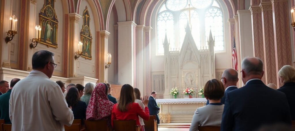 Grupa wiernych podczas pielgrzymki do Lourdes pod przewodnictwem biskupa Roberta Chrząszcza