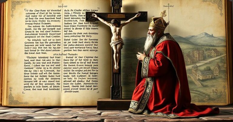 Tradycyjny obraz króla polskiego modlącego się przed krzyżem, symbolizujący duchowe korzenie Polski w chrześcijańskiej Europie.