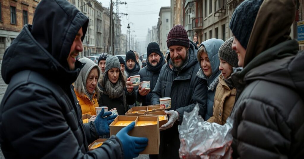 Mieszkańcy Kijowa otrzymują polską zupę w ramach akcji 'Ciepła zupa dla Kijowa', podczas gdy organizatorzy koncentrują się na pomocy materialnej bez uwzględnienia wymiaru duchowego.