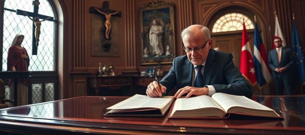 Zdjęcie przedstawia premiera Donalda Tuska podczas podpisywania kontrowersyjnego dekretu w rządowym gabinecie. Na tle znajdują się katolickie symbole: krzyż, figura Matki Boskiej i otwarta Biblia. Scena podkreśla konflikt między władzą świecką a prawem Bożym.