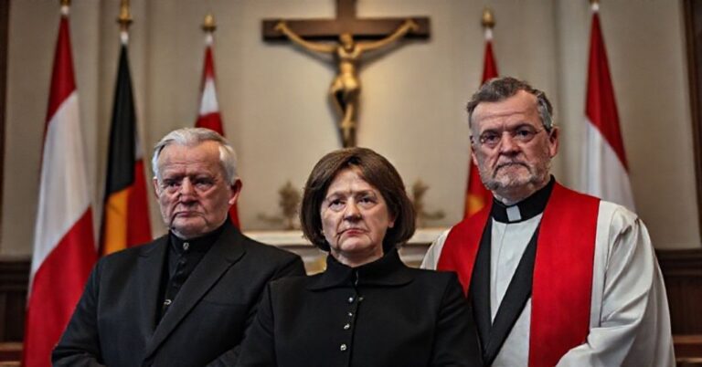 Jarosław Kaczyński, Beata Szydło i Piotr Gliński w tradycyjnym katolickim otoczeniu, stojący przed krzyżem i flagami polskimi.
