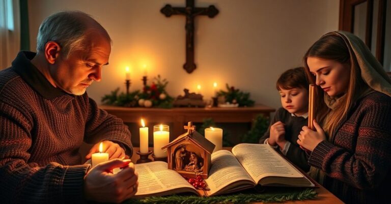 Rodzina katolicka modląca się w czasie kolęd podczas Wigilii Bożego Narodzenia w tradycyjnym polskim domu z szopką i świecami.